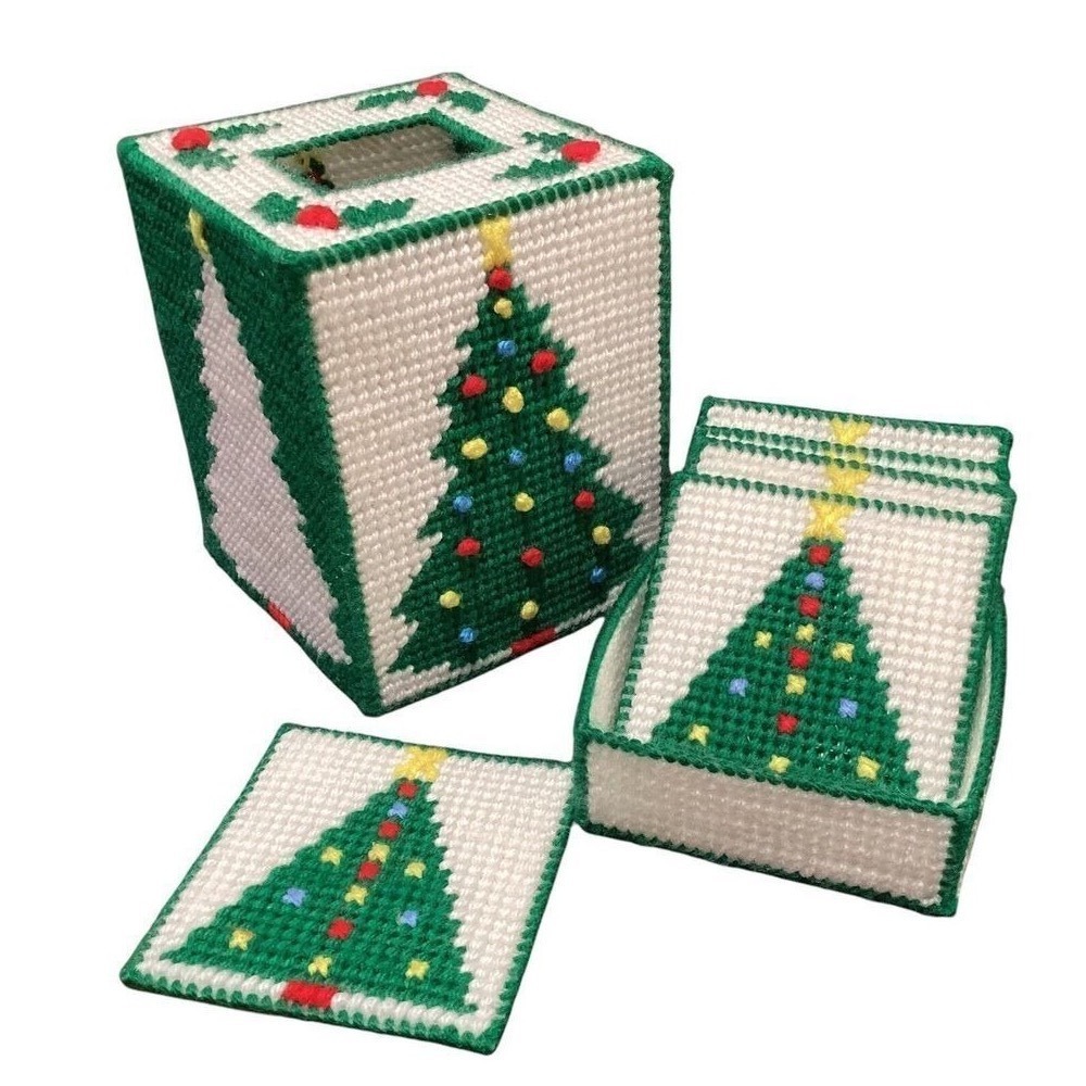 Handmade Needlepoint Christmas Tree Tissue Box Cover and Coaster Set 7pc Green